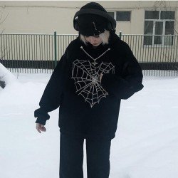  Heart Cobwebs Hot Drilling Hooded Black Tops