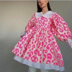 Cute Ladies Printed Doll Collar Lantern Sleeve Dresses