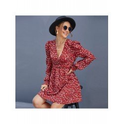 Red Floral Puff Sleeve V Neck Short Dress Red Floral Puff Sleeve V Neck Short Dress