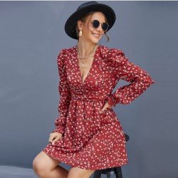 Red Floral Puff Sleeve V Neck Short Dress
