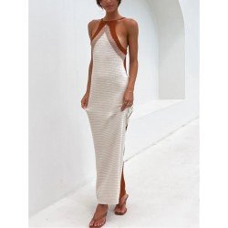 Summer Backless Sleeveless Contrast Color Knitted Dress  Summer Backless Sleeveless Contrast Color Knitted Dress