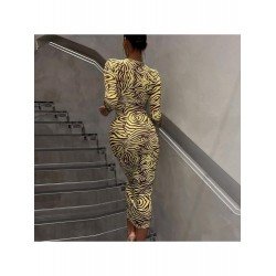 Tie Wrap Zebra Stripes Long Sleeve Midi Dresses  Tie Wrap Zebra Stripes Long Sleeve Midi Dresses