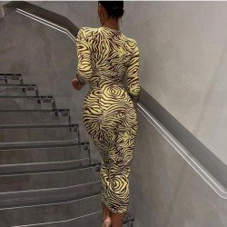 Tie Wrap Zebra Stripes Long Sleeve Midi Dresses 