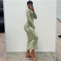  Autumn Solid Color Round Neck Slim Dress