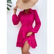 Simple Solid Ruffle Long Sleeve Shirt Dress