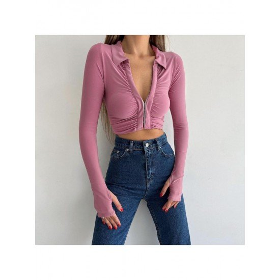  2024 Pure Color Long Sleeve Crop Top
