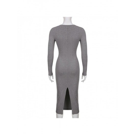 Simple V Neck Solid Long Sleeve Midi Dresses