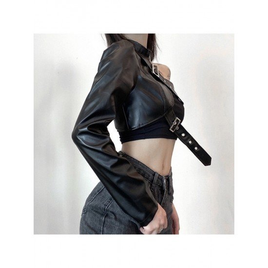 Imitation Leather One Shoulder Black Tops