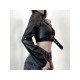 Imitation Leather One Shoulder Black Tops