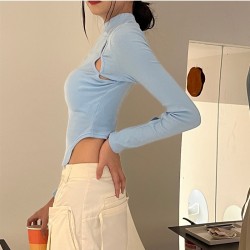 Mock Neck Cut Out Long Sleeve Tops