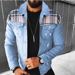 Plaid Patchwork Denim Jackets For Men