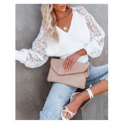 V-Neck Lace Pure Color Women's Top  V-Neck Lace Pure Color Women's Top