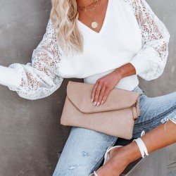  V-Neck Lace Pure Color Women's Top