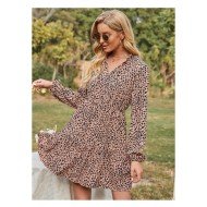 Rural Style V Neck Ruffles Puff Sleeve Short Dress