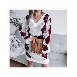 V Neck Rhombus Long Sleeve Sweater Dress V Neck Rhombus Long Sleeve Sweater Dress