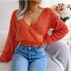 Spring V Neck Lantern Sleeve Cropped Sweaters