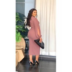 Fall Women Black Slit Puff Sleeve Midi Dress Fall Women Black Slit Puff Sleeve Midi Dress