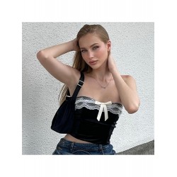 Bow Patchwork Black Cropped Strapless Tops Bow Patchwork Black Cropped Strapless Tops