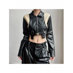Leather Patchwork Contrast Color Cropped Motorcycle Jackets