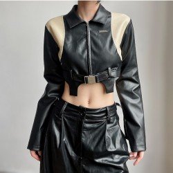 Leather Patchwork Contrast Color Cropped Motorcycle Jackets