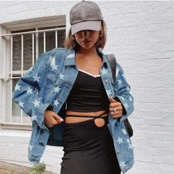 Star Pattern Blue Denim Jackets For Women