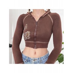 Butterfly Pattern Hooded Cropped Zip Tops  Butterfly Pattern Hooded Cropped Zip Tops