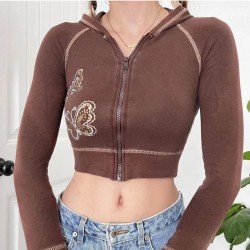  Butterfly Pattern Hooded Cropped Zip Tops