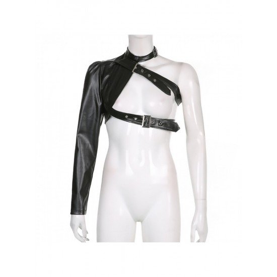Imitation Leather One Shoulder Black Tops