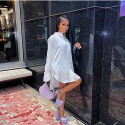 Stand Collar White Slit Long Sleeve Shirt Dress