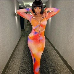  Sexy Hollow Out Lace Up Long Sleeve Dress