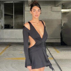 Backless Deep V Neck Black Mini Dress