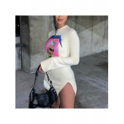 Cartoon Pattern Slit Long Sleeve Short Dress  Cartoon Pattern Slit Long Sleeve Short Dress
