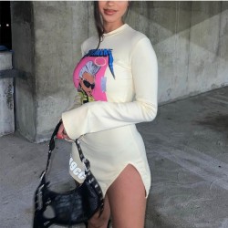  Cartoon Pattern Slit Long Sleeve Short Dress