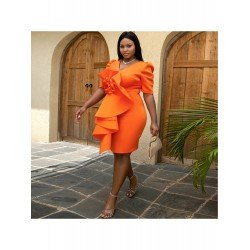 V Neck Puff Sleeveless Pure Color Hip Dress  V Neck Puff Sleeveless Pure Color Hip Dress