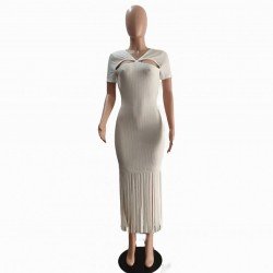 Backless Cut Out Tassel Short Sleeve Midi Dress