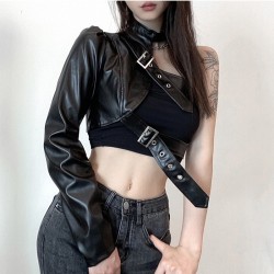Imitation Leather One Shoulder Black Tops