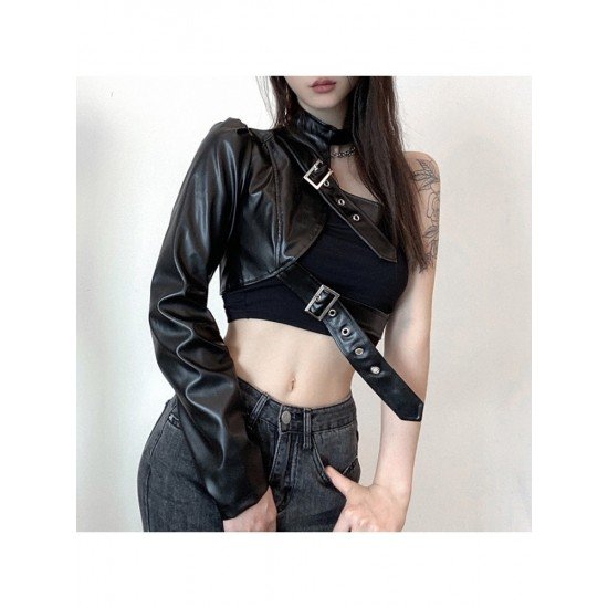 Imitation Leather One Shoulder Black Tops