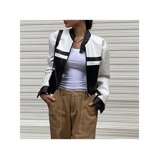  2024 PU Contrast Color Women's Long Sleeve Jacket