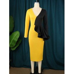 Sexy V-Neck Ruffle Contrast Color Party Dress  Sexy V-Neck Ruffle Contrast Color Party Dress