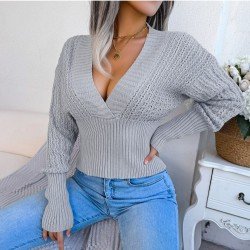 V Neck Solid Long Sleeve Ladies Sweaters