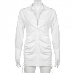 Sexy White Ruched Long Sleeve Mini Shirt Dress