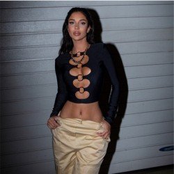  Fashion Design Hollowed Out Patchwork Navel T-shirt