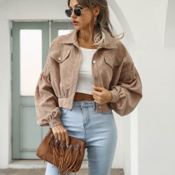  Winter Corduroy Pure Color Lantern Sleeve Women Jacket