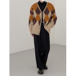 Rhombus Lattice Color Blocking Vintage Cardigan For Men  Rhombus Lattice Color Blocking Vintage Cardigan For Men