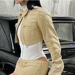 Leather Solid Cropped Jacket Coats For Women