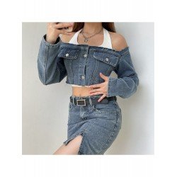 Designer Square Neck Blue Denim Cropped Jackets Designer Square Neck Blue Denim Cropped Jackets