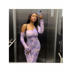 Stylish Printed Ruched Long Sleeve Midi Dress Stylish Printed Ruched Long Sleeve Midi Dress