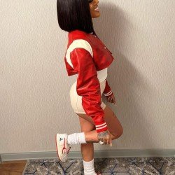 Women Black Patchwork Crop Baseball Coats