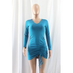 V Neck Ruched Solid Long Sleeve Mini Dress V Neck Ruched Solid Long Sleeve Mini Dress