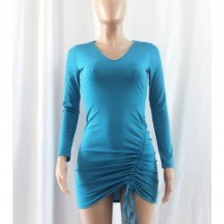 V Neck Ruched Solid Long Sleeve Mini Dress